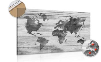 Obraz na korku kontur czarno-białej mapy na drewnianym tle - 120x80  peg