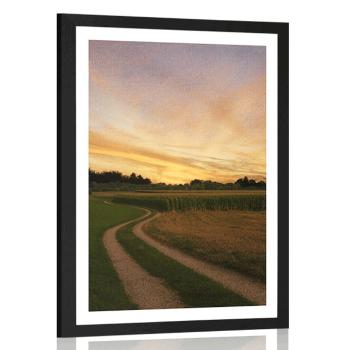 Plakat z passe-partout zachodzące słońce nad krajobrazem - 60x90 silver