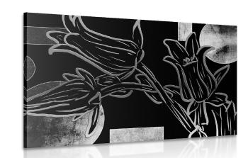 Obraz kwiaty etno w wersji czarno-białej - 120x80