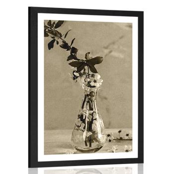 Plakat z passe-partout gałązka wiśni w wazonie w sepiowym kolorze - 60x90 white