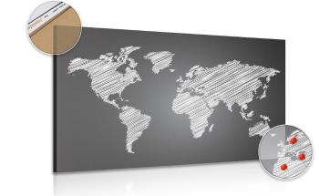 Obraz zacieniowana mapa świata w wersji czarno-białej na korku - 90x60  peg