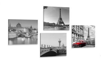 Zestaw obrazów Paryż z czerwonym samochodem retro - 4x 40x40