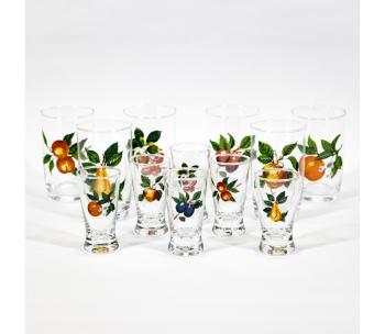 Zestaw 6 x większych szklanek i 6 x mniejszych przezroczystych kieliszków do shotów z motywami owoców