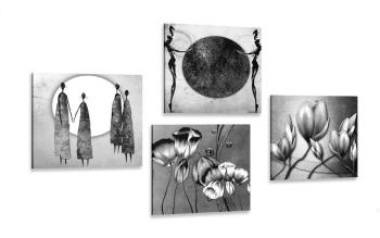 Zestaw obrazów w czarno-białym stylu etno - 4x 60x60