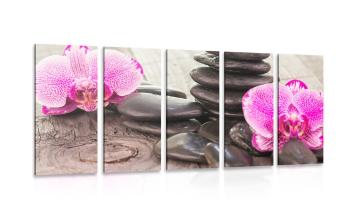 5-częściowy obraz orchidea i kamienie Zen na drewnianej podstawie