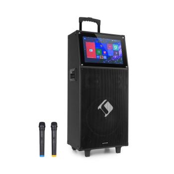 Auna KTV, zestaw karaoke, wyświetlacz dotykowy o przekątnej 39 cm (15,4"), 2 mikrofony UHF, Wi-Fi, Bluetooth, USB, SD, HDMI, kółka