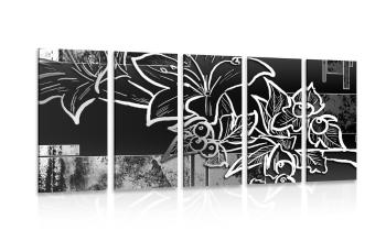 5-częściowy obraz ilustracja kwiatowa w wersji czarno-białej - 100x50