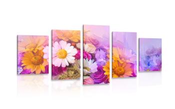 5-częściowy obraz olejny przedstawiający kwiaty w żywych kolorach - 100x50