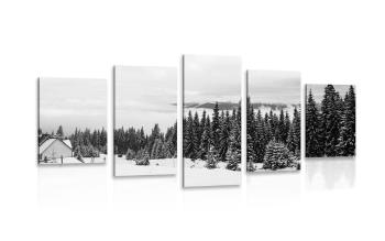 5-częściowy obraz drewniany domek na zaśnieżonej łonie natury w wersji czarno-białej
