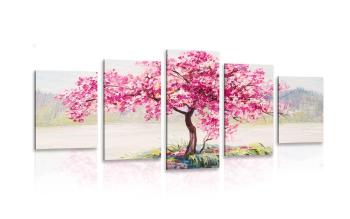 5-częściowy obraz orientalna czereśnia w różowym kolorze - 100x50