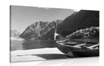 Obraz drewniany statek wikingów w wersji czarno-białej