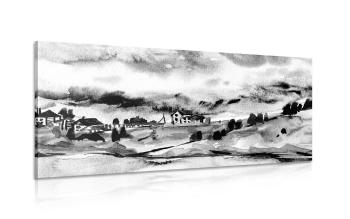 Obraz akwarelowa wioska w wersji czarno-białej