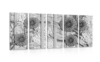 5-częściowy obraz abstrakcyjne kwiaty na marmurowym tle w wersji czarno-białej - 100x50