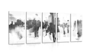 5-częściowy obraz sylwetki ludzi w wielkim mieście w czarnobiałym kolorze - 100x50