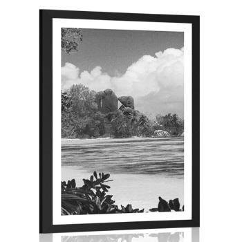 Plakat z passe-partout piękna plaża na wyspie La Digue w czerni i bieli - 20x30 silver