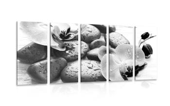5-częściowy obraz piękna gra kamieni i orchidei w czarnobiałym kolorze - 100x50