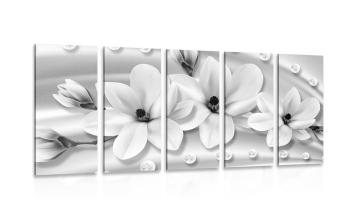 5-częściowy obraz luksusowa magnolia z perłami w wersji czarno-białej - 100x50