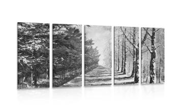 5-częściowy obraz jesienna aleja drzew w czarnobiałym kolorze - 100x50