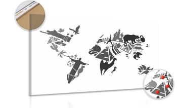Obraz mapa świata z symbolami poszczególnych kontynentów w kolorze czarno-białym na korku - 120x80  wooden