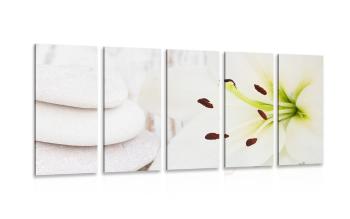 5-częściowy obraz lilia i kamienie do masażu w białym kolorze - 100x50