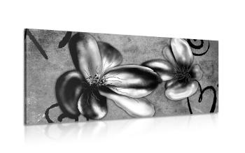 Obraz ciekawe kwiaty vintage w wersji czarno-białej - 100x50
