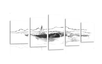 5-częściowy obraz  jacht nad morzem w czarnobiałym kolorze - 200x100