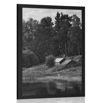 Plakat bajkowe domy nad rzeką w czerni i bieli - 40x60 black