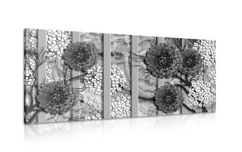 Obraz abstrakcyjne kwiaty na marmurowym tle w wersji czarno-białej - 100x50