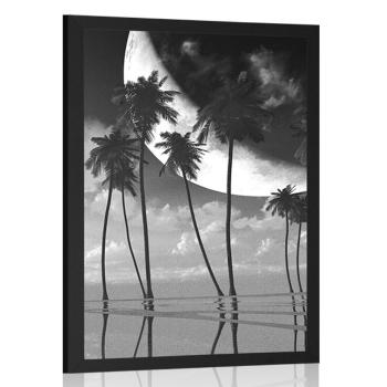 Plakat zachód słońca nad tropikalnymi palmami w czerni i bieli - 20x30 silver