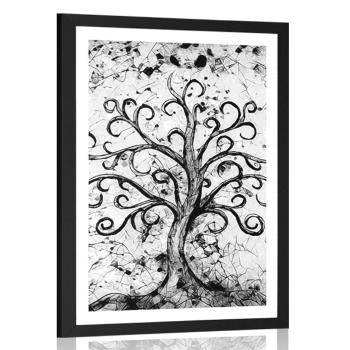 Plakat z passe-partout symbol drzewa życia w czerni i bieli - 20x30 silver