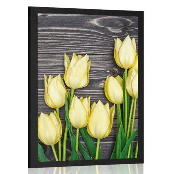 Plakat żółte tulipany na drewnianym tle - 30x45 silver