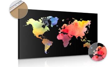 Obraz mapa świata w akwareli na czarnym tle na korku - 90x60  color mix