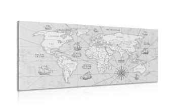 Obraz mapa świata z łodziami w wersji czarno-białej