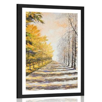 Plakat z passe-partout jesienna aleja drzew - 40x60 white