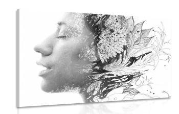 Obraz kobieta z namalowanymi kwiatami w wersji czarno-białej - 90x60