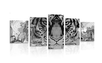 5-częściowy obraz kolorowa głowa tygrysa w czarnobiałym kolorze - 100x50