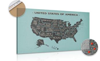 Obraz mapa edukacyjna USA z niebieskim tłem na korku - 120x80  color mix