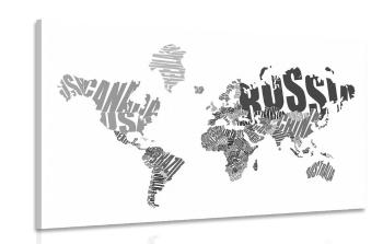 Obraz mapa świata z napisów w wersji czarno-białej