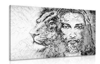 Obraz wszechmogący z lwem w wersji czarno-białej