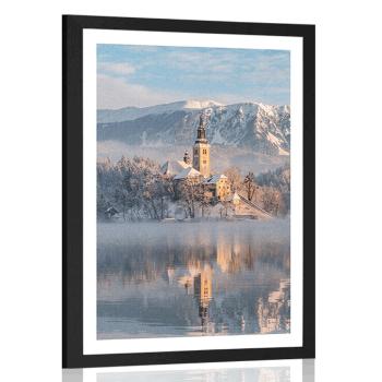 Plakat z passe-partout kościół nad jeziorem Bled w Słowenii - 40x60 silver
