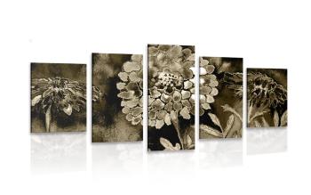 5-częściowy obraz przepiękne kwiaty w kolorze sepii
