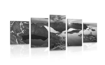 5-częściowy obraz urzekająca panorama górska w wersji czarno-białej - 100x50