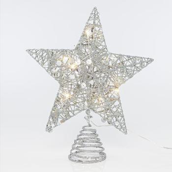 Eurolamp Srebrna gwiazda na choinkę z cekinami, 10 ciepłych białych diod, 25,4 cm, 1 szt.