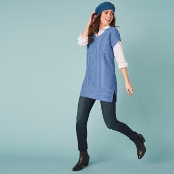 Sweter tunika z wzorem, krótkie rękawy - niebieski - Rozmiar 34/36