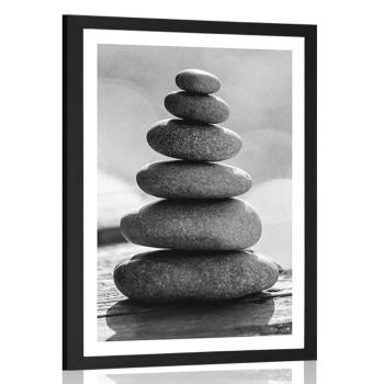 Plakat z passe-partout stabilna piramida z kamieni w czerni i bieli - 60x90 silver