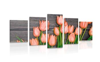 5-częściowy obraz urocze pomarańczowe tulipany na drewnianym tle - 200x100