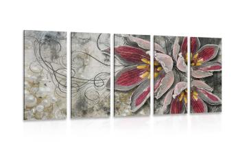 5-częściowy obraz kwiaty z perełkami - 100x50