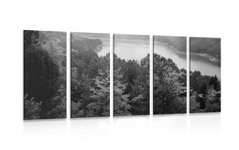 5-częściowy obraz rzeka w środku lasu w wersji czarno-białej