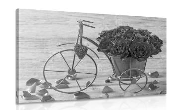 Obraz rower pełen róż w wersji czarno-białej