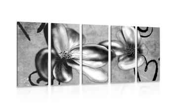 5-częściowy obraz ciekawe kwiaty vintage w wersji czarno-białej - 200x100
